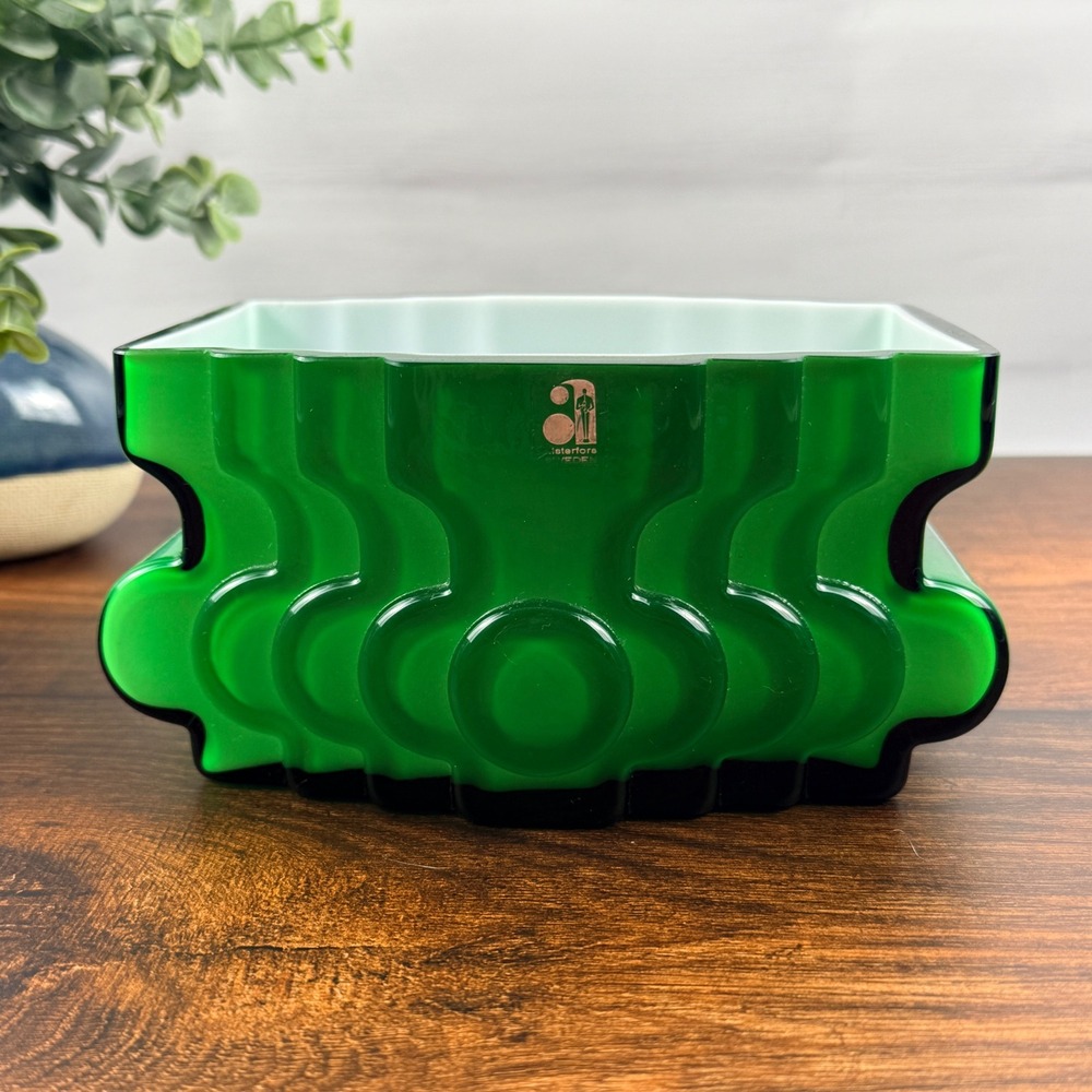 Alsterfors Per Ström Green Cased Glass Bowl Dish Signed Swedish Mid Century